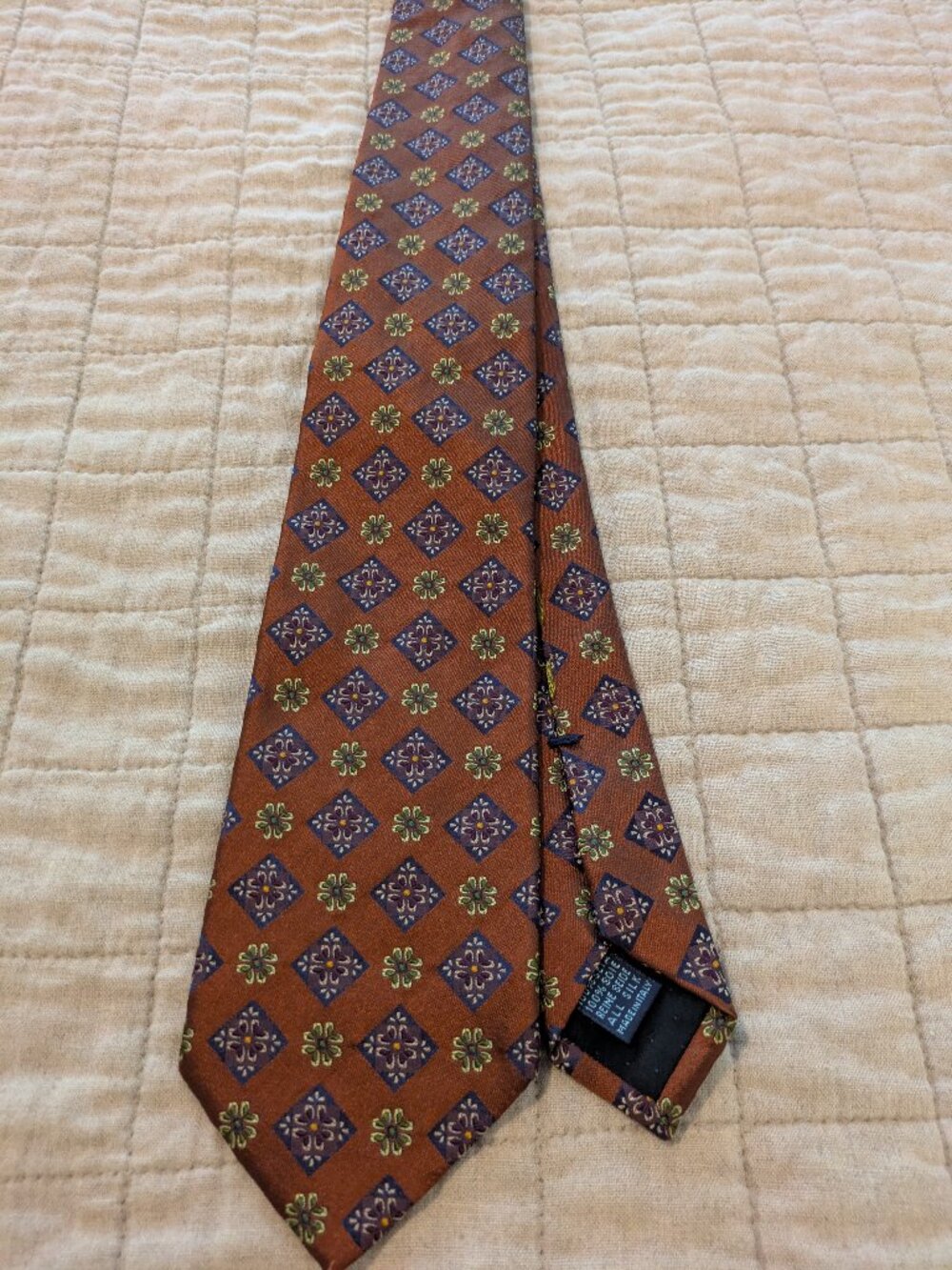 Massimo Bizzocchi Italy Silk Tie Copper Brown Blue Geometric Medallion Vintage.